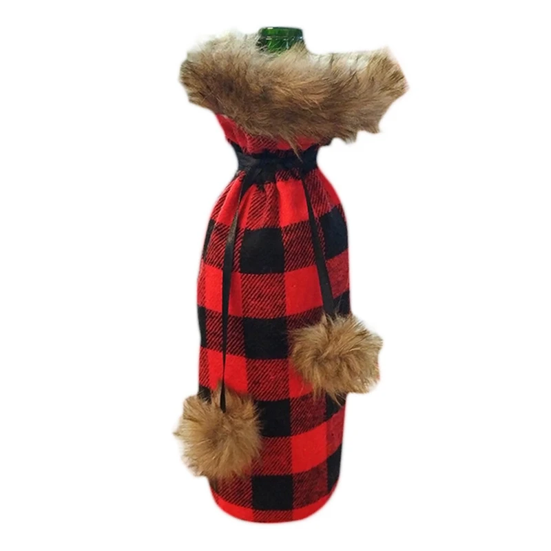 New Christmas Decorations Red Wine Bottle Covers Set Kitchen Santa Sacks Buffalo Plaid Home Decoration Accessories