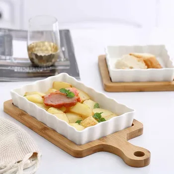

Japanese Ceramic Baked Cheese Baked Rice Dish with Bamboo Mat 650ml Simple Household Fruit Sushi Ramen Dish Kitchen Tableware