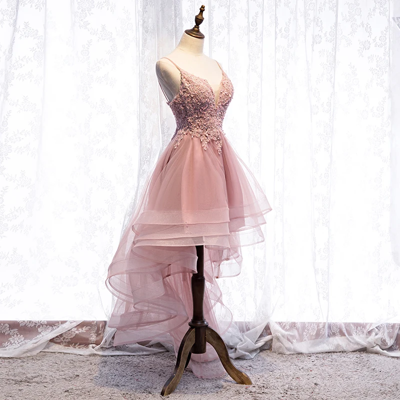 Robe De Soiree вечернее платье с v-образным вырезом из розовой органзы с аппликацией из бисера, высокие и низкие вечерние платья, длинное платье, vestido de festa