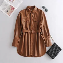 2021  Faux Soft Leather Jackets Coats Lady Khaki single breasted Pu Shirt New Autumn Winter Casual Long Sleeve Tops Blouse