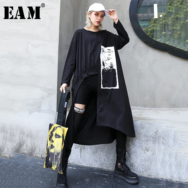 

[EAM] Women Loose Fit Big Size Print Split Irregular T-shirt New Round Neck Long Sleeve Fashion Tide Spring Autumn 2019 1A739