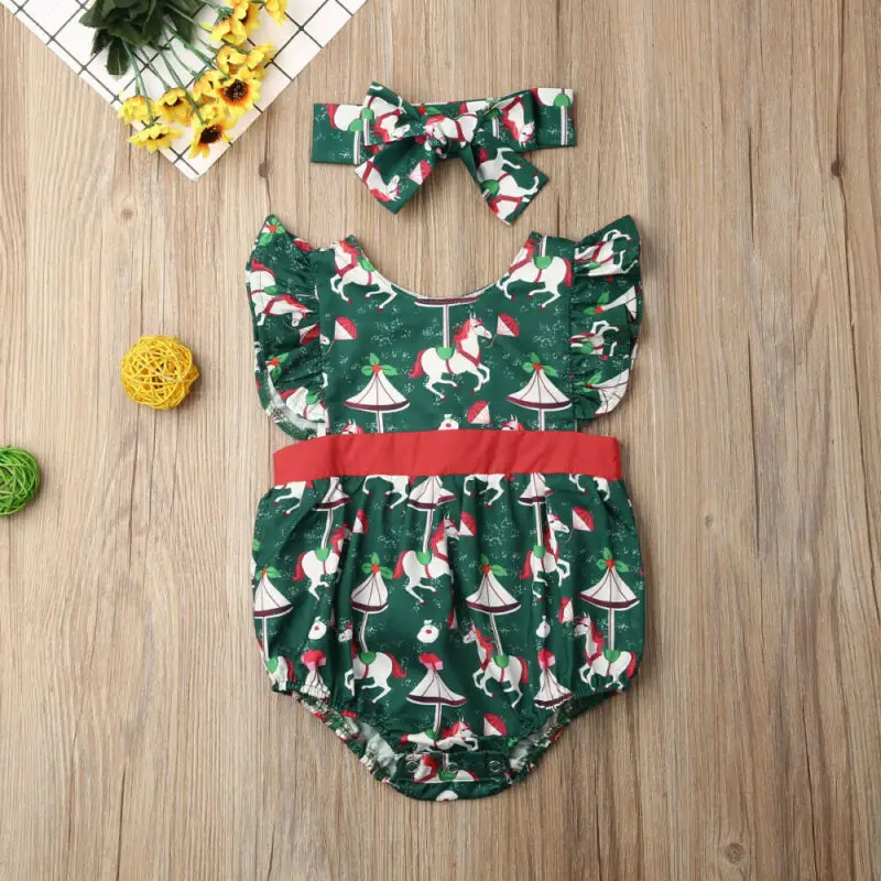 

Christmas Infant Baby Girls Romper Jumpsuit+Headband Clothes Outfits Print Sleeveless Xmas Clothing