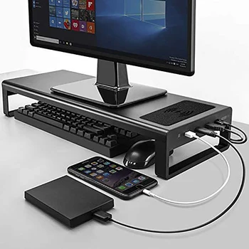 

USB3.0 Wireless Charging Aluminum Monitor Stand Riser Support Transfer Data and Charging,Keyboard and Mouse Storage Desk