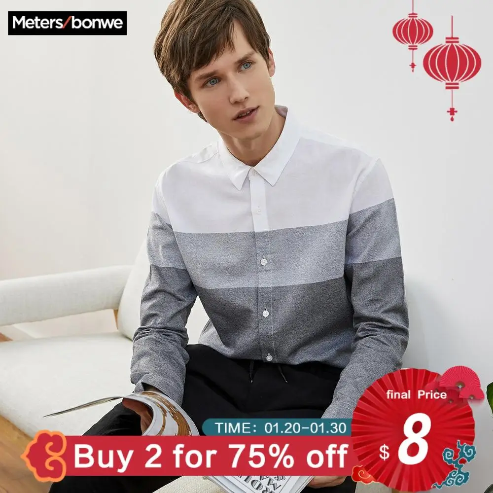 Beste Metersbonwe Merk Mannen Smart Casual Gestreepte Shirts Lente Herfst Mannelijke Slanke Lange Mouwen Shirts Reguliere Katoen Mannelijke Basic Tops