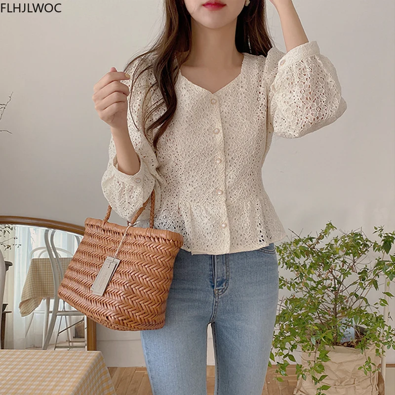 Hollow Out Crochet Lace Chic Short Crop Tops Cute Lolita Sweet Girls Peplum Lace-Up Bow Tie Blouse Single Breasted Button Shirt 2