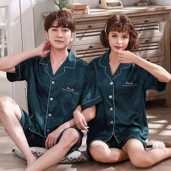

New Men And Women Pajama Set Satin Silk Pyjamas Women Home Sleepwear suit Long Sleeves Cardigan Satin Couples Pajamas Set Pijama