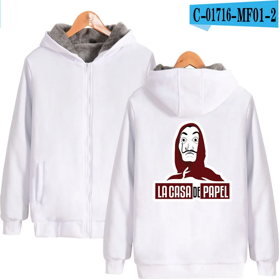 Kaguster Money Heist толстовки Хэллоуин плюс бархат утолщаются с капюшоном на молнии Женская толстовка зимнее пальто для женщин размера плюс - Цвет: White1