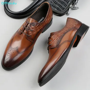 

QYFCIOUFU Vintage Men Dress Shoes Genuine Leather Office Business Wedding Handmade Brogue Formal Round Toe Oxford Mens Shoe