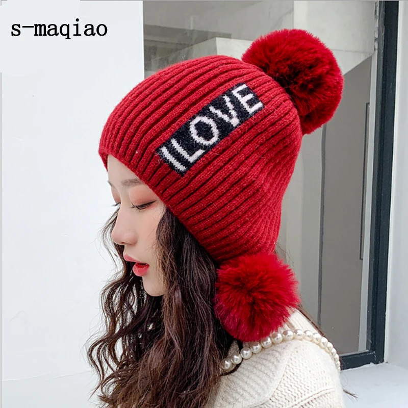 Зимние шерстяные вязаные шапки, женские модные шапочки, милая шапка с бархатом, Студенческая шапка с помпоном, теплая вязаная шапка