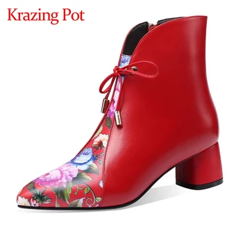 

Krazing pot genuine leather pointed toe high heel winter shoes butterfly-knot printing special design fashion ankle boots L88