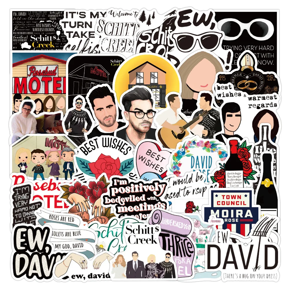 

Schitts Creek Sticker Cosplay Accessoris Badge Levy Scrawl Decals PVC Waterproof Tags Paster 50Pcs