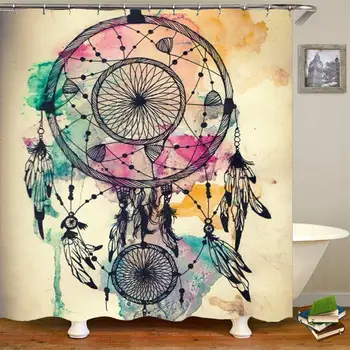 

Shower Curtain Set with Hooks Soap Resistant Waterproof Watercolor Boho Tribal Design Fether Pink Teal Bathroom Decor Machine