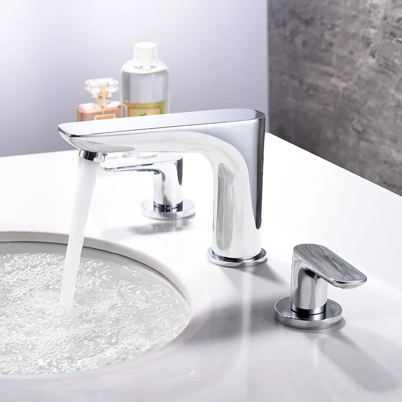 

Contemporary Chrome Basin Faucets Brass Deck Mounted Bathroom Sink Faucets Double Handle 3 Hole Hot And Cold Water Mixer Taps