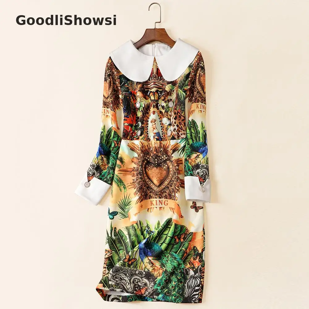 GoodliShowsi Новое поступление Morigirl Стильное женское Цельнокройное платье ретро принт Питер Пэн воротник с длинным рукавом модные облегающие платья