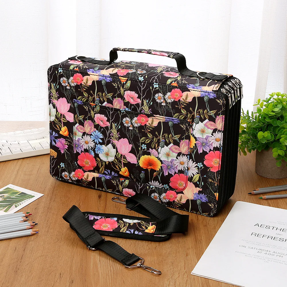 Colorful Flower Pattern 480 Slots 5 Layer Zipper Portable Shoulder Strap Polyester Pencil Case Holder Large Capacity Art Supply images - 6