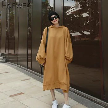 

Leisure Hooded Collar Pullover Lantern Sleeve Loose Oversize Women Ginger Long Dress 2019 Autumn Winter New Dresses L234