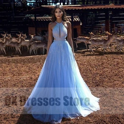 2022 Modern Fashion Blue Halter Neck Evening Dress A-line Sexy Floor Length Backless Party Formal Gowns Long Tulle Women Dress