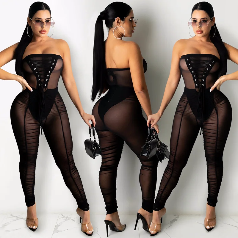 Sexy Sheer Mesh Strapless Skinny Jumpsuit Women Sleeveless Black See Through Party Rompers Club Overall Summer Lace Up Catsuits hlj sexy luxury rhinestones mesh patchwork party nightclub jumpsuit women thin strap perspective bodycon playsuit female overall