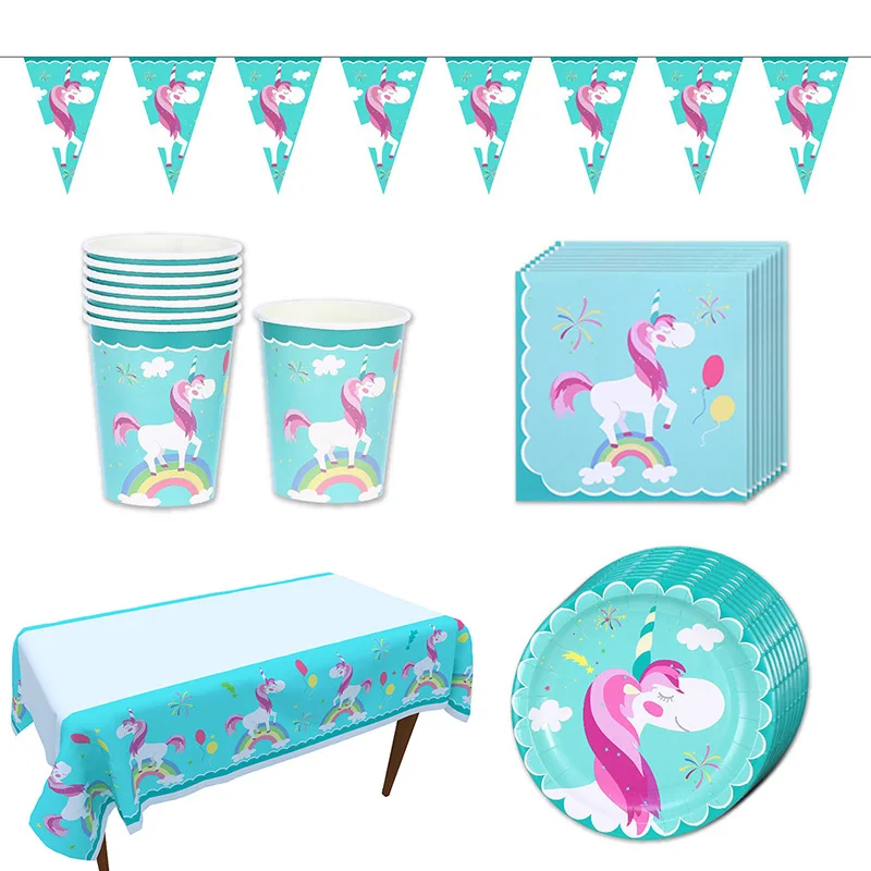 

43pcs Unicorn Birthday Party Decors Disposable Tableware Kit Unicorn Balloon Cups Plates Napkin Kids Birthday Party Supplies