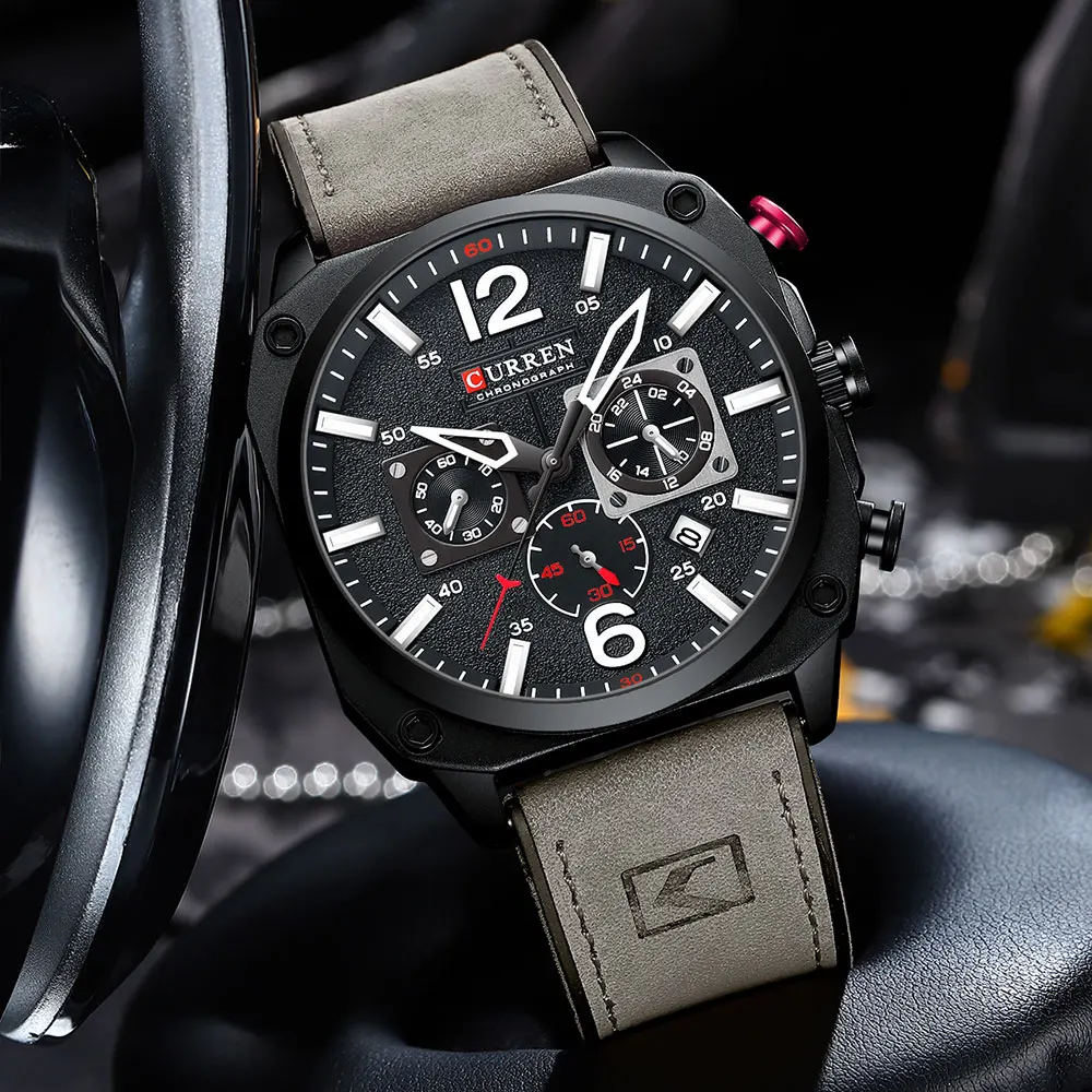 Men's Fashion Waterproof Chronograph Watch with Leather Band and Luminous Display