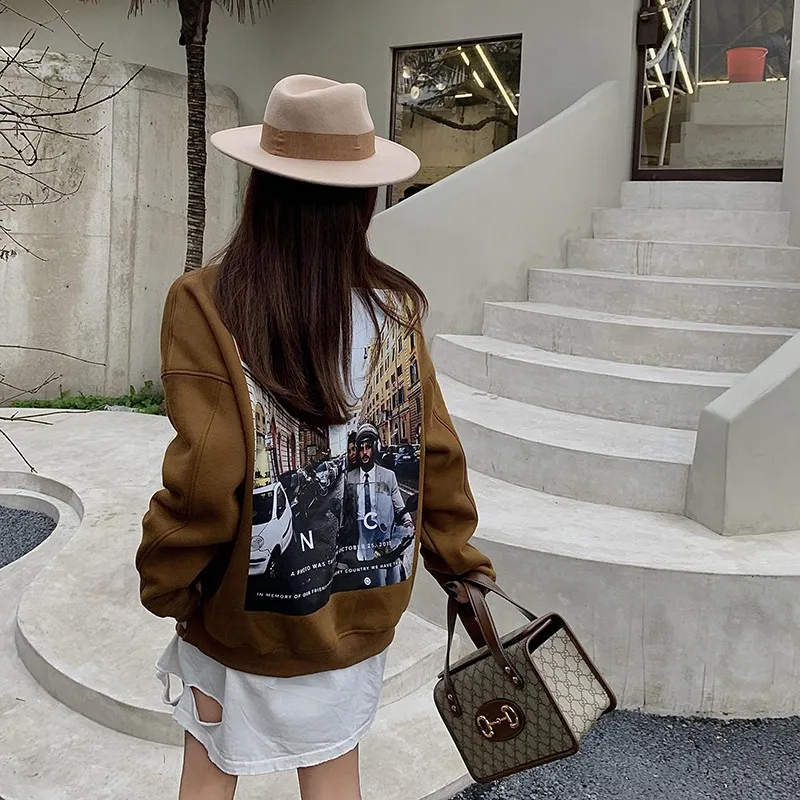 

2021 New Arrival Winter Korean Style Women Loose Casual O-neck Long Sleeve Pullovers Thicken Warmth Cotton Print Hoodies V12