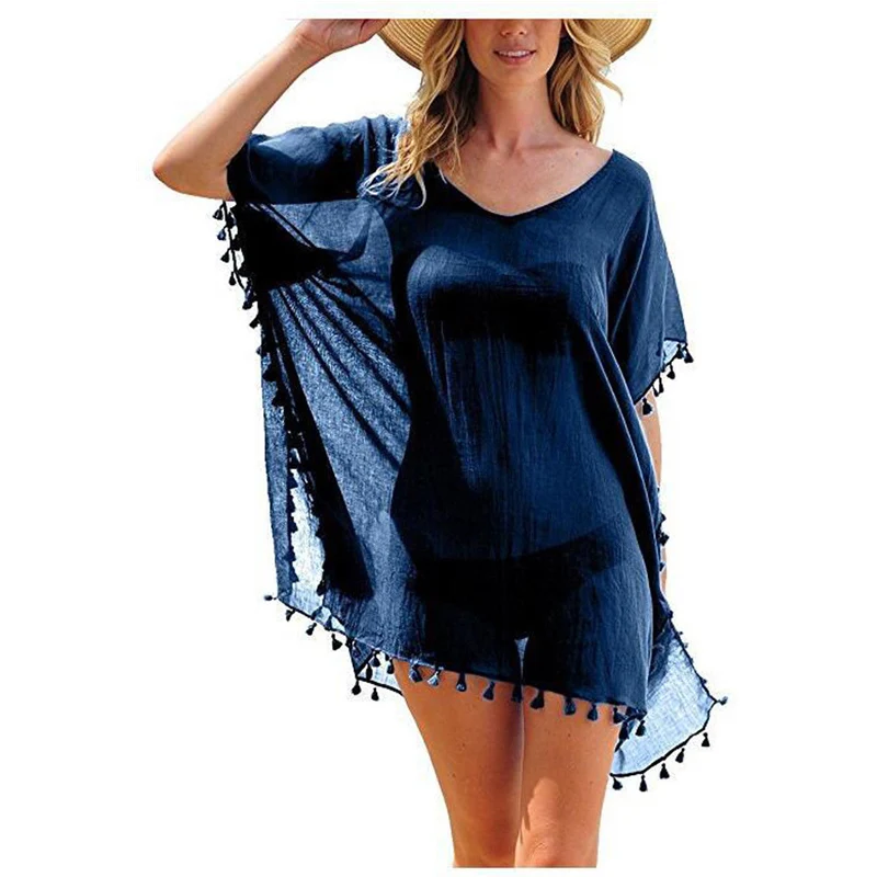 

2019 New Chiffon Tassels Beach Wear Women Swimsuit Cover Up Swimwear Bathing Suits Summer Mini Dress Loose Solid Pareo Cover Ups