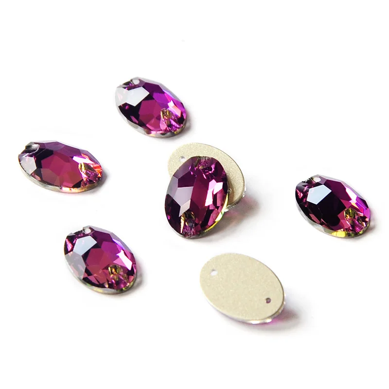 

CTPA3bI Oval Amethyst Glass Stones Sparkle Flatback Sew On Gemstone Ornament Crafts Hole Rhinestones For Needlework Dress Bags