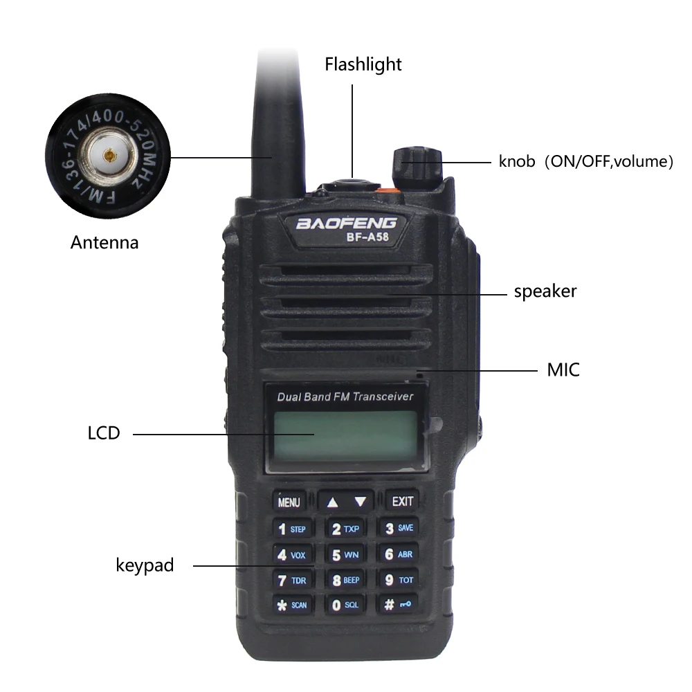 Baofeng BF-A58 Водонепроницаемый двухстороннее радио двухдиапазонный UHF VHF 5 Вт CB Ham радио ЖК-дисплей fm-трансивер 128CH сканер woki toki