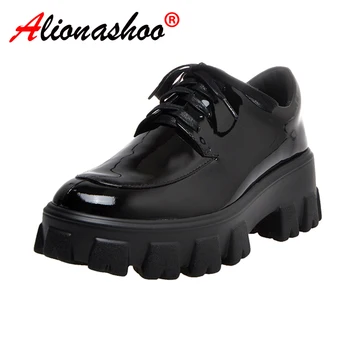 

Women Genuine Leather Flat Platform Shoes Thick Soled Sneakers Lace Up Round Toe Casual Shoes Black Flats Size 34-40