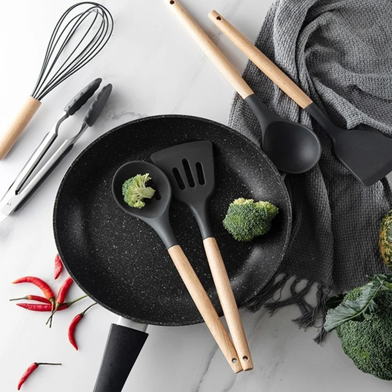 Силиконовая посуда натуральная Акация деревянные ручки кухонная утварь набор