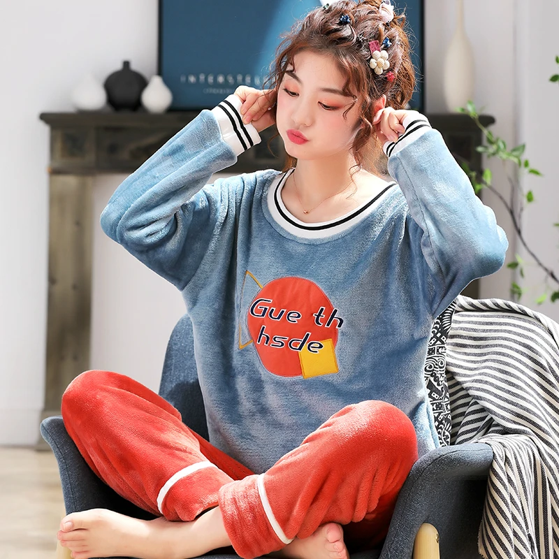 Зимние толстые теплые фланелевые пижамы наборы для женщин с длинным рукавом v