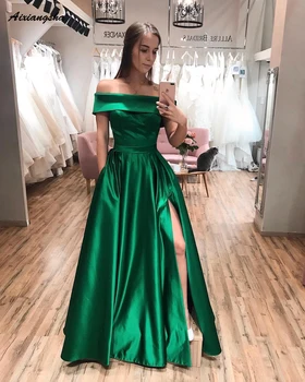 

Elegant Green 2019 Prom Dresses Strapless Satin Slit Party Maxys Long Prom Gown with Pockets Evening Dresses Robe De Soiree