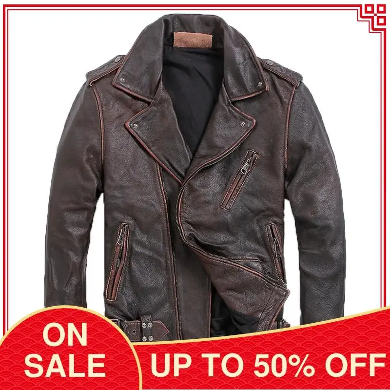 2021 винтажная коричневая Мужская облегающая Байкерская кожаная куртка размера