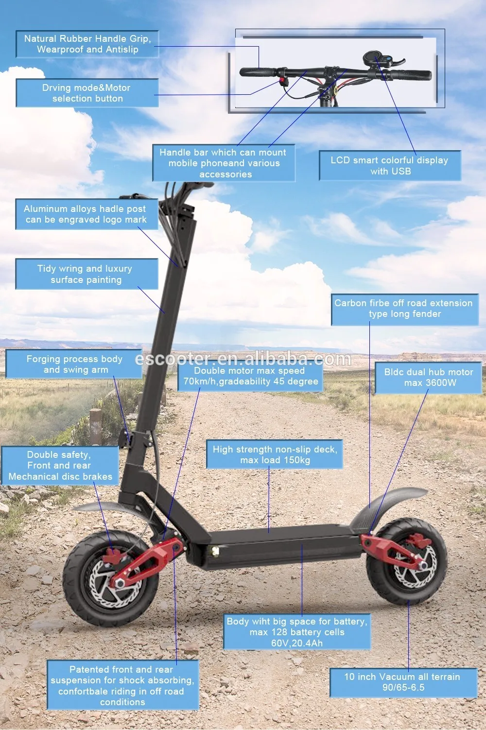 Excellent Fast speed two wheel electric scooters, off road adult electric scooter dual motor E4-9 0