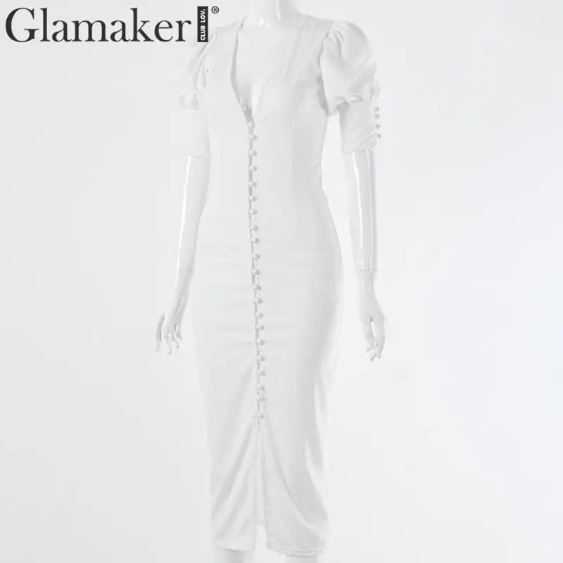 Glamaker сексуальное Белое платье миди с пышными рукавами женское осеннее элегантное облегающее платье зимние вечерние платья для ночного клуба с v-образным вырезом vestidos
