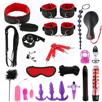

22pcs Sex Bondage Kit Handcuffs Whip Restraint Rope Blindfold Gag Anal Beads Plug Vibrating Egg Penis Ring Sex Toys for Couples