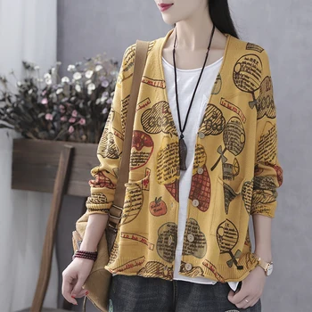 

retro autumn cardigan sweater jackets women long sleeve loose print sweater women casual knitted sweater