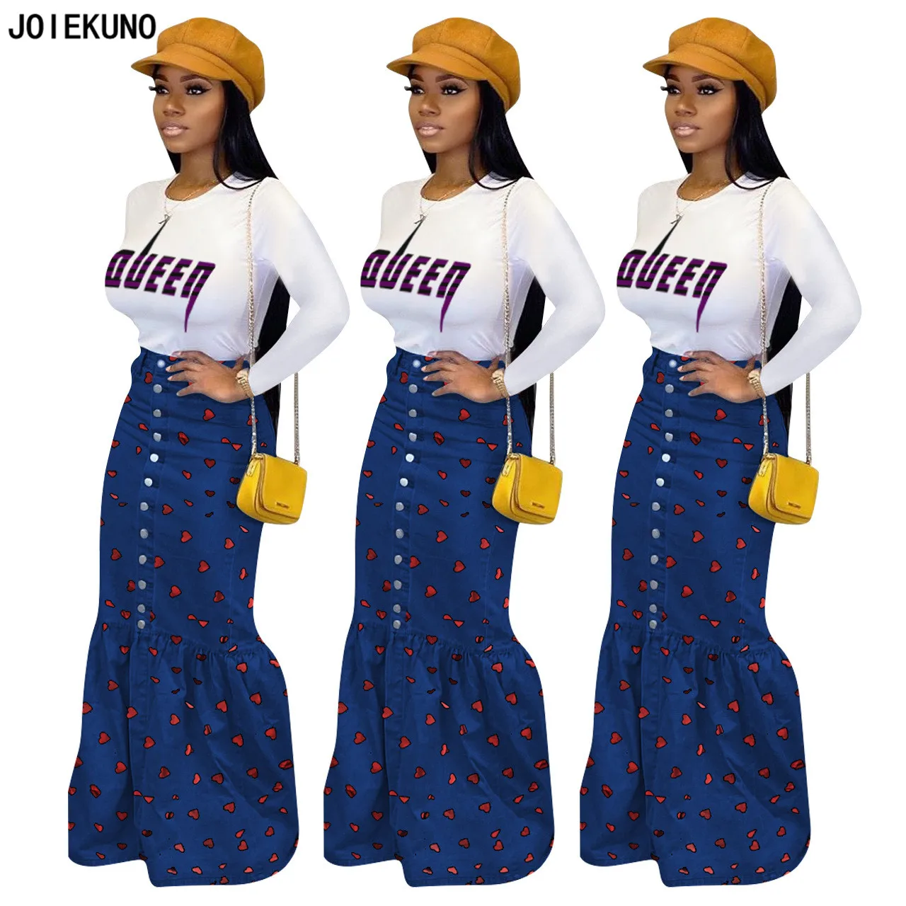 JOIEKUNO YD8148 Высокая уличная мода длинная юбка для женщин faldas mujer moda сексуальный принт пуговицы джинсовые женские Вечерние
