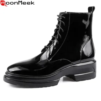 

MoonMeek 2021 New Arrival Women Brand Boots Genuine Leather Boots Thick Heels Square Toe Autumn Winter Ankle Boots Black