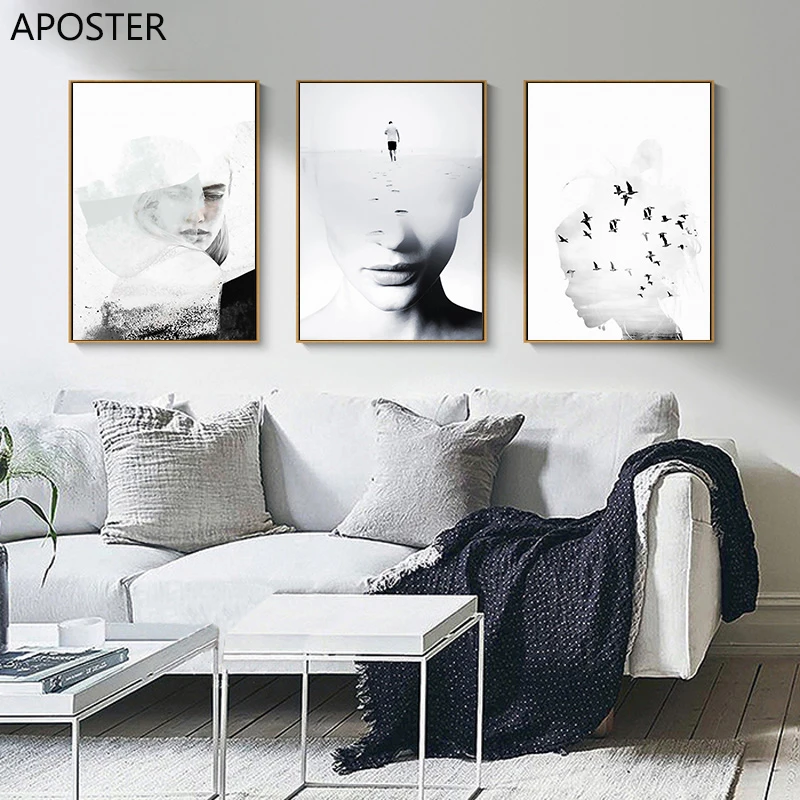 

Nordic Poster Black And White Girl Bird Canvas Prints Wall Pictures For Living Room Abstract Minimalist Decor