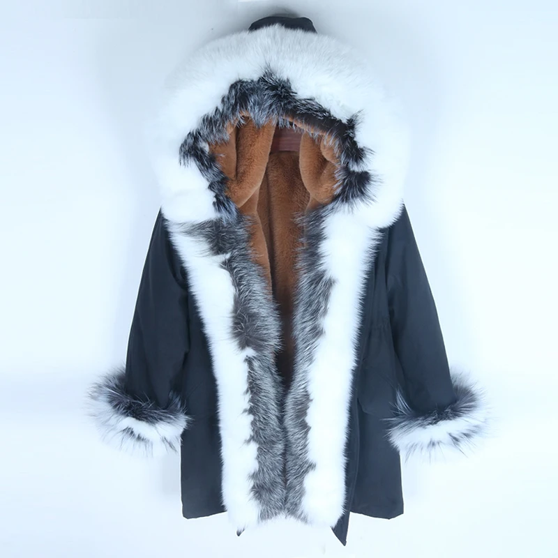 4 black coat Верхняя одежда с капюшоном и воротником из натурального Лисьего меха, парка из искусственного меха, новинка, Женская длинная уличная одежда, Толстая теплая зимняя куртка - Цвет: 4 black coat