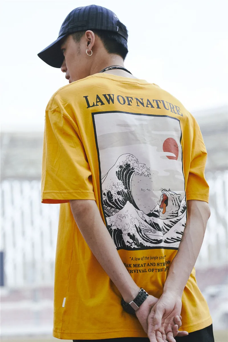 Law of Nature Harajuku, японская забавная футболка с изображением кота, Мужская футболка в стиле хип-хоп, хлопковые повседневные футболки, мужские топы