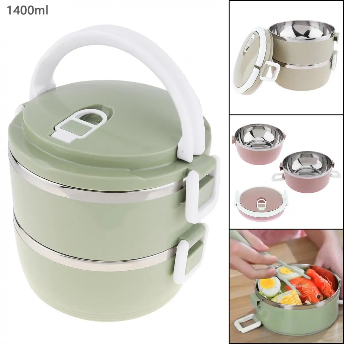 

1.4L High Capacity Two Layer Lunch Box Portable Handheld Removable 201 Stainless Steel PP Insulation Barrel Lunchbox Bento Box