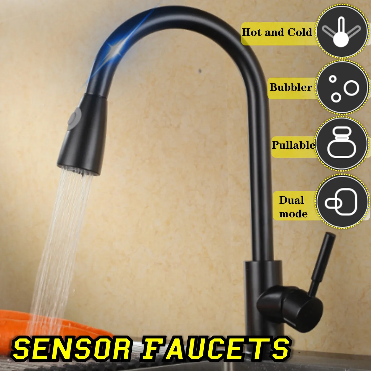 

Sensor Kitchen Faucets Black Smart Touch Inductive Sensitive Faucet Mixer Tap Single Handle Dual Outlet Water Modes