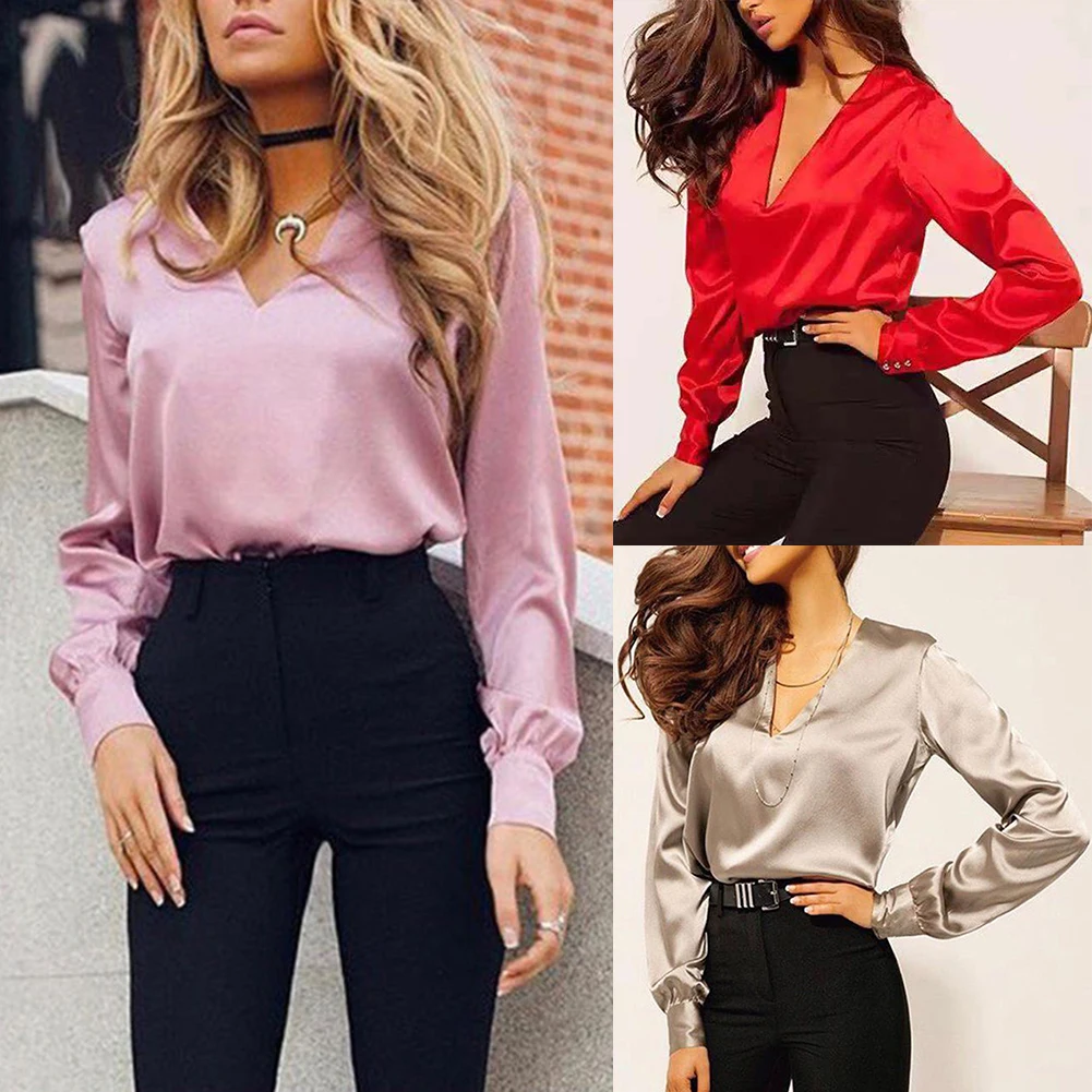 2020 Sexy Fashion V Neck Satin Blouse Shirt Casual Long Sleeve Button Women's Slim Blouses Office Lady Elegant Shirts Tops | Женская