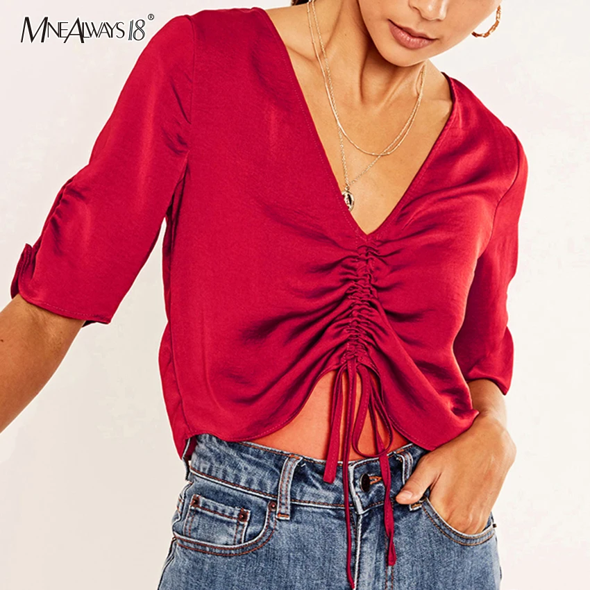 

Mnealways18 Red Satin Deep V-Neck Crop Top Drawstring Half Sleeve Casual Blouse Women Lace Up Silk Summer Shirt 2019 Female Tops