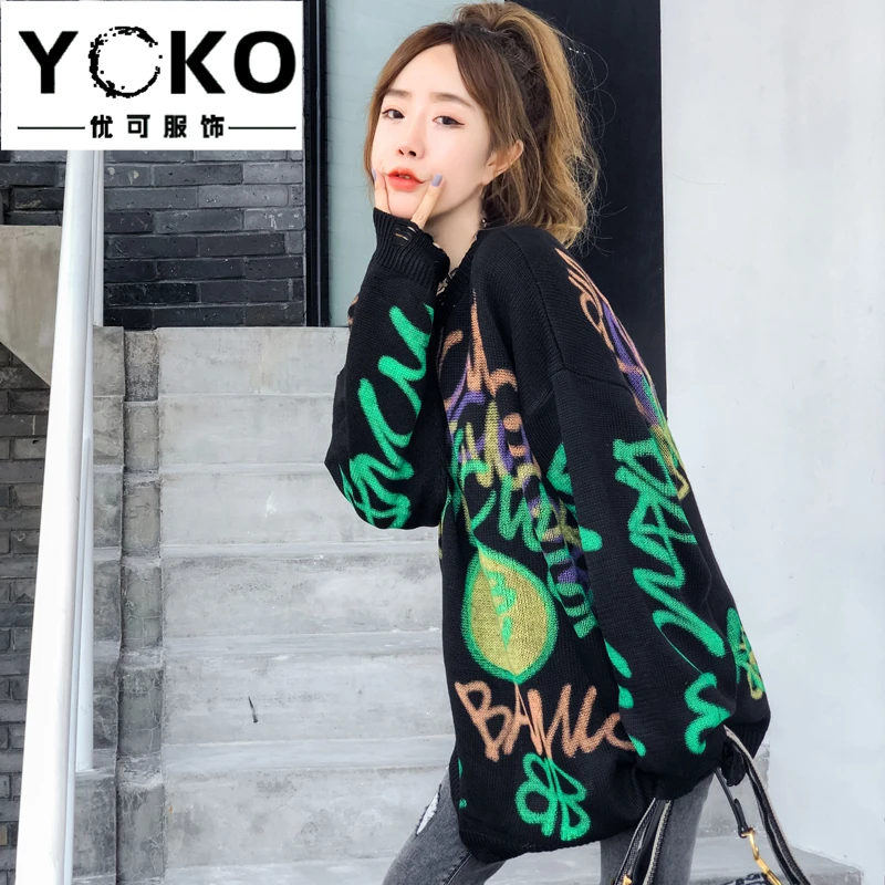 Black YOKO свитер женский Осень Зима Новая мода свободная Корейская версия ручная роспись граффити ленивый стиль свитер размера плюс платье - Цвет: Black