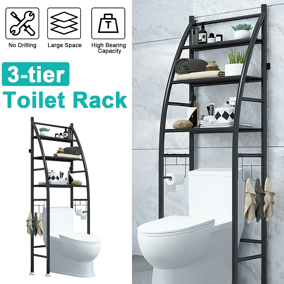 

3-Tier Iron Toilet Towel Storage Rack Holder Over Bathroom Shelf Organizer Toilet Storage Shelf for Store Shampoo/Towel Tissue