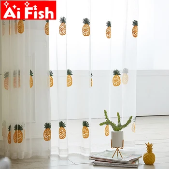 

Window Gauze Bedroom Curtain Towel Embroidered White Mesh Fabric Sheer Drapes Nordic Pineapple Tulle Living Room Curtain wp430#5