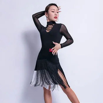 

Backless Latin Dance Dress Women Tango Salsa Cha Cha Ballroom Fringer Dresses Black Samba Rumba Practice Performance Wear DF1556